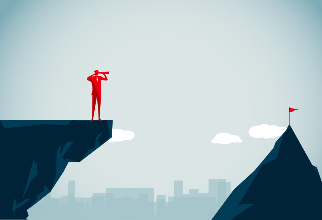 Illustratie van een man die met een telescoop naar een berg kijkt.